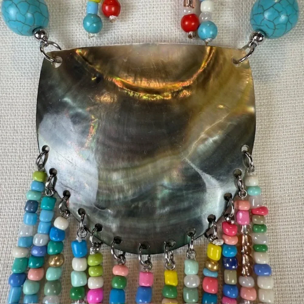 NWT Multicolor‎ Mother of Pearl See Bead Tassel Statement Necklace and Earrings